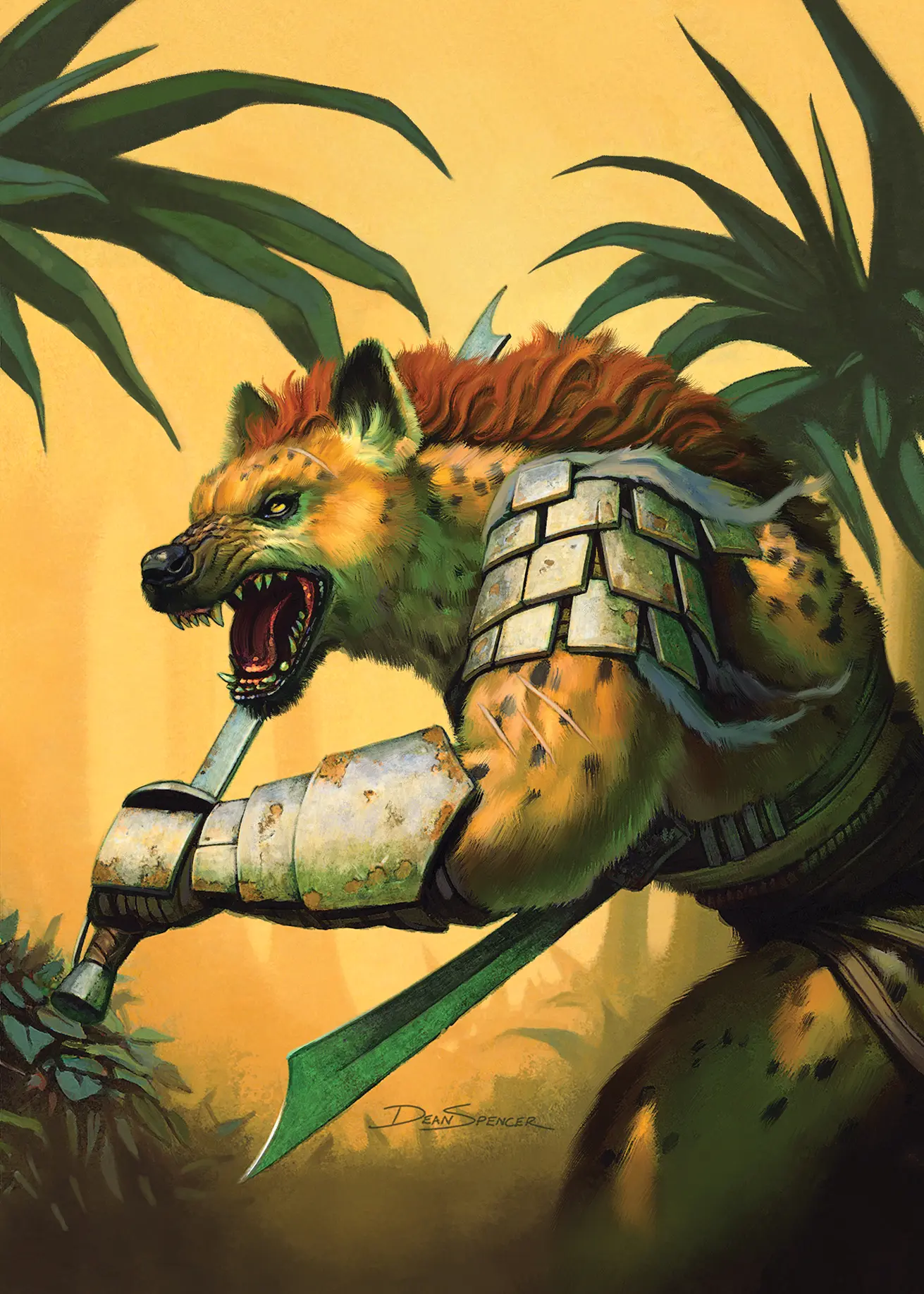 A snarling, armored gnoll warrior with a raised weapon.